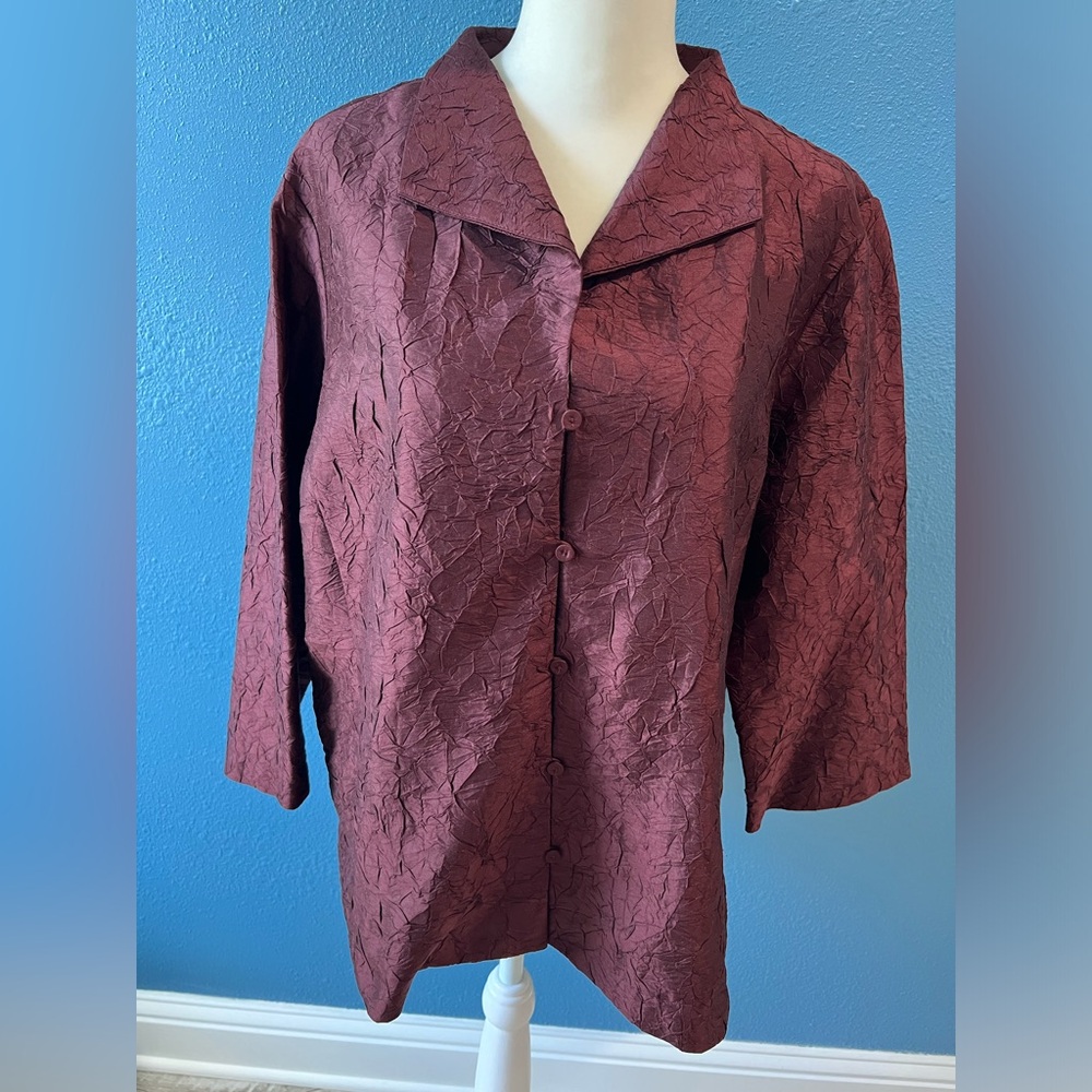 Eileen Fisher Burgundy Maroon Blouse Jacket Silk Crinkle Kimono Boxy Fit Sz Lg